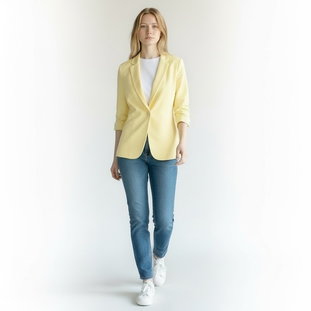 Ricki’s Blazer Ponte Knit 3/4 Ruched Sleeves Single Breasted Butter Yellow XS